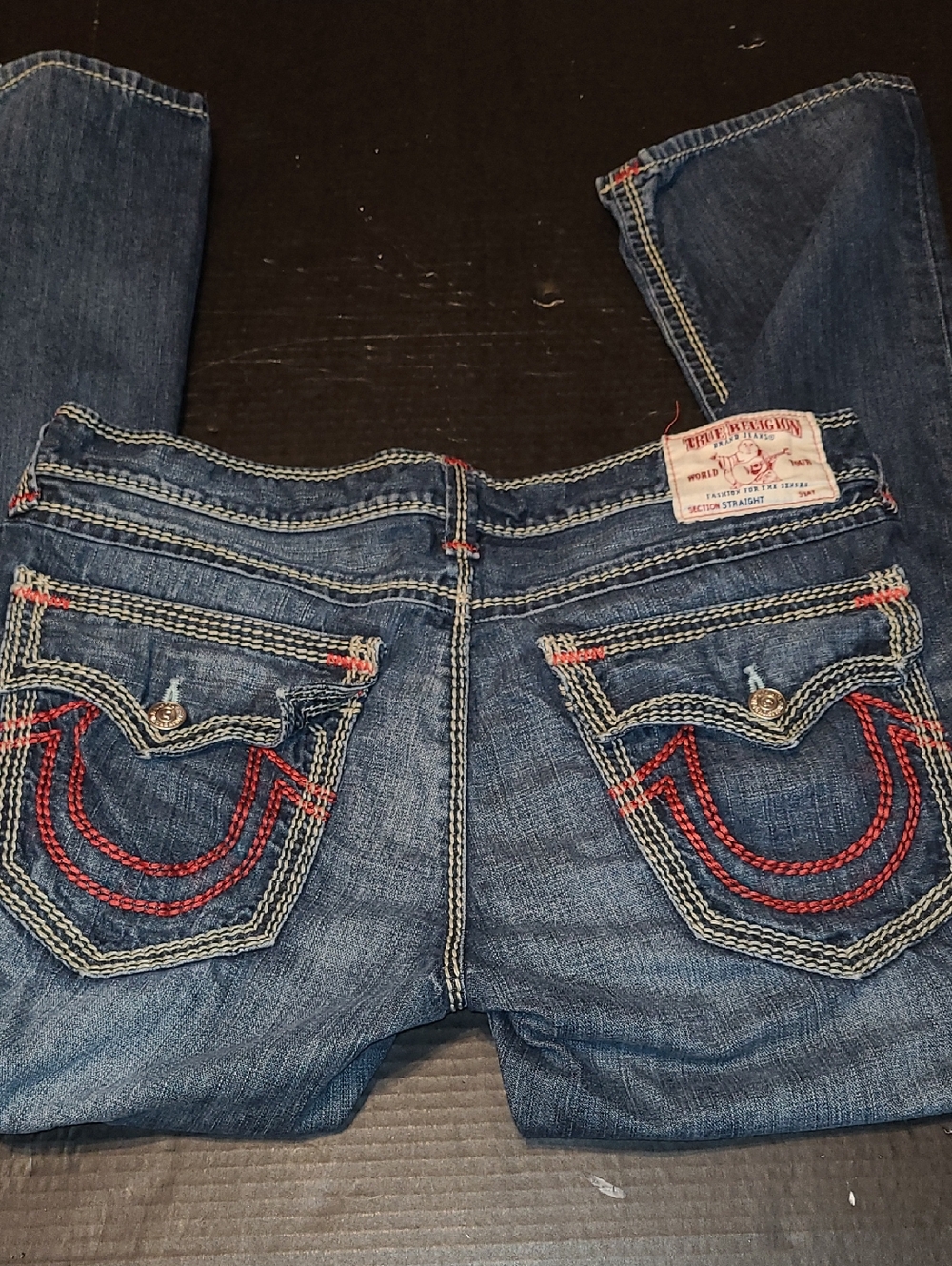 True Religion Dark Blue Straight Leg Jeans with Red Pocket Stitching - Picture 4 of 16